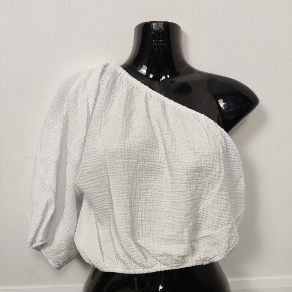 NEW Dkny Women's Crop Top Size M White Cotton Seersucker One Shoulder Boho Beach